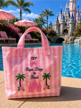 Rope Drop to Rosé Disney Pink Striped Tote with Embroidered Castle & Palms
